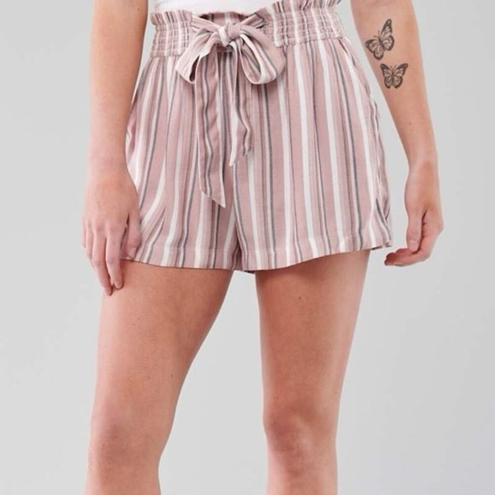 Hollister Ultra High Rise Paperbag Shorts Pink Stripe Womens S Pull On Tie Waist